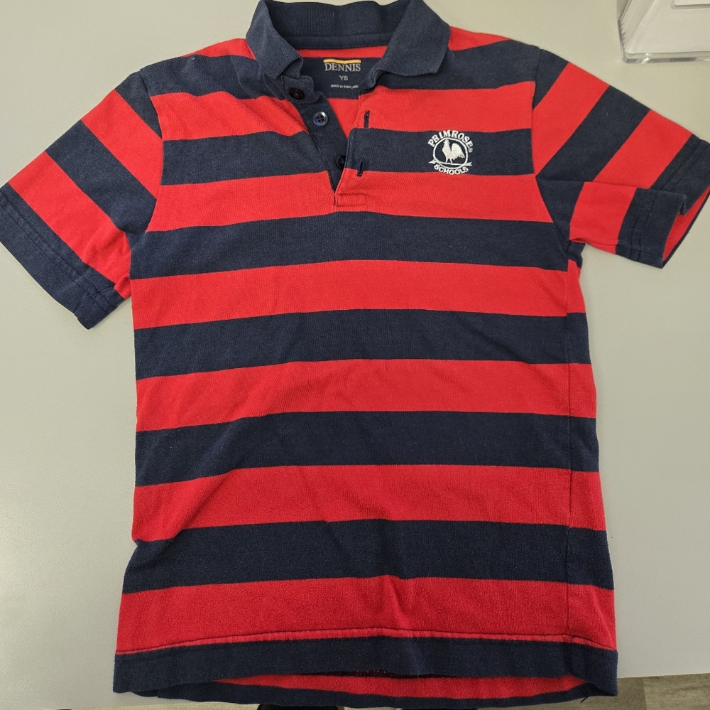 Primrose Youth Small Red and Navy Striped Polo Uniform Shirt